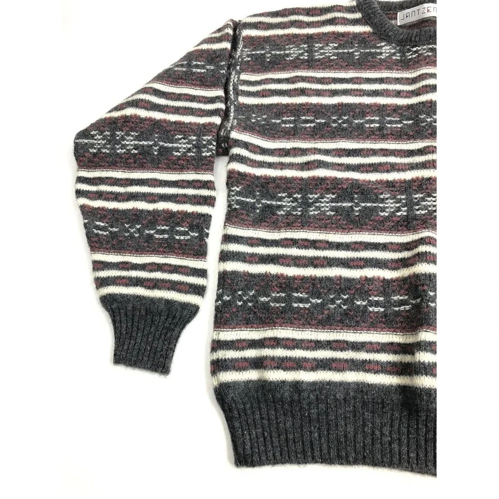 VINTAGE Jantzen Sweater Mens Large Gray Cream Geotmetic Made USA